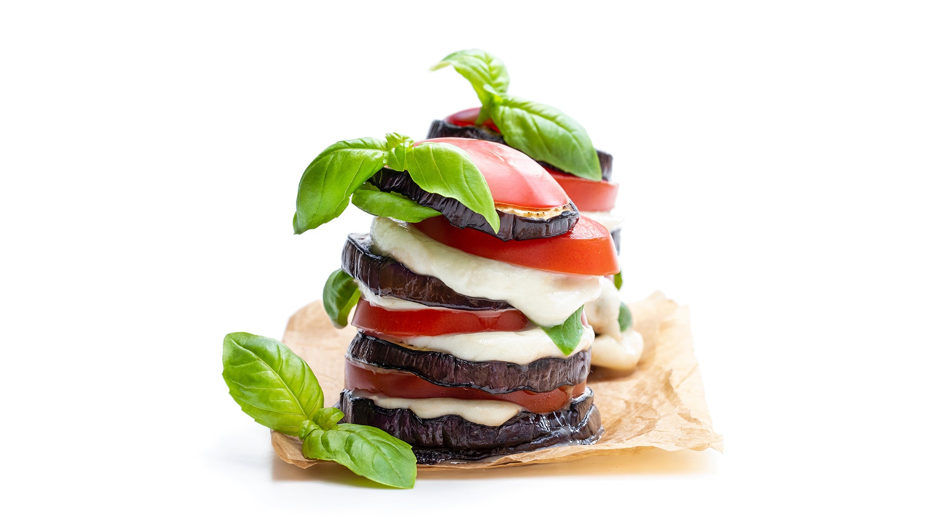 Grilled Heirloom Eggplant, Heirloom Tomato, and Mozzarella Stacks